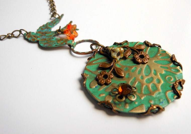 Bird Necklace,Embossed Bird Collage Necklace,Flying Bird Necklace,Vintaj Jewelry