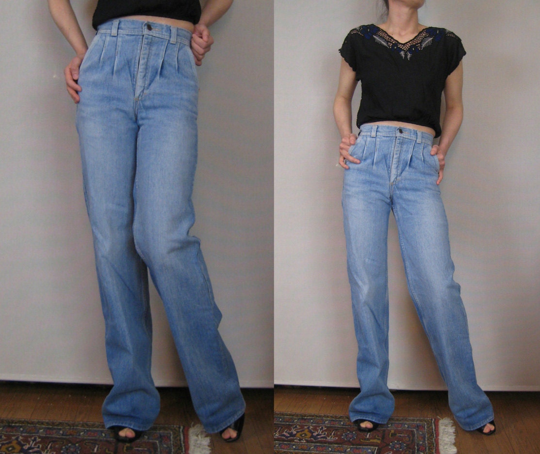 Vintage 70 PLEATED WIDE Straight Leg FADED High Waist Light Blue Straight Leg Long Jeans xs Small 35 Inseam 1970s