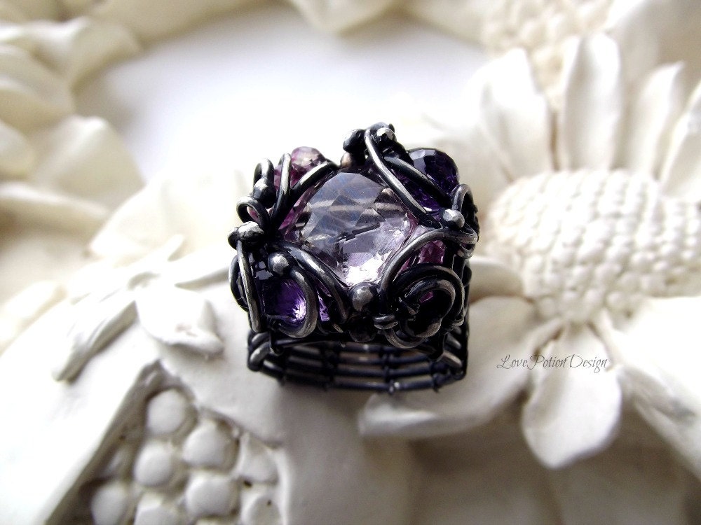 Wire Wrapped Ring Sterling Silver Ring Size 7.25 Pink Topaz Pink Mystic Quartz Purple Amethyst.