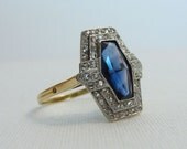 Fabulous Art Deco Sapphire Engagement Ring. Geometric Diamond Ring, Circa 1920s.