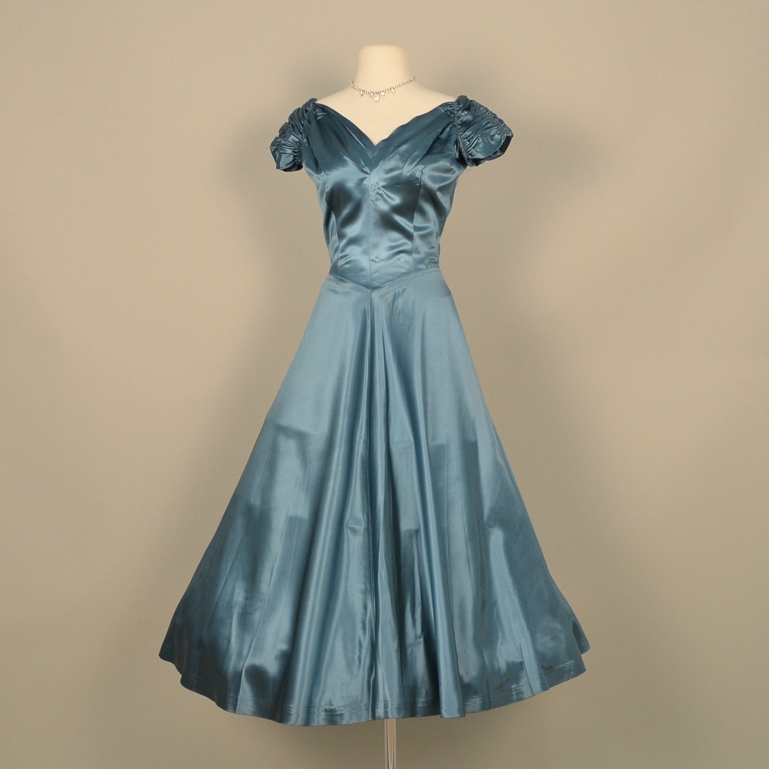 Vintage 1940s Prom Dress...Beautiful JONATHAN LOGAN Rich Teal Blue Satin Party Dress Prom Dress Wedding Dress Small