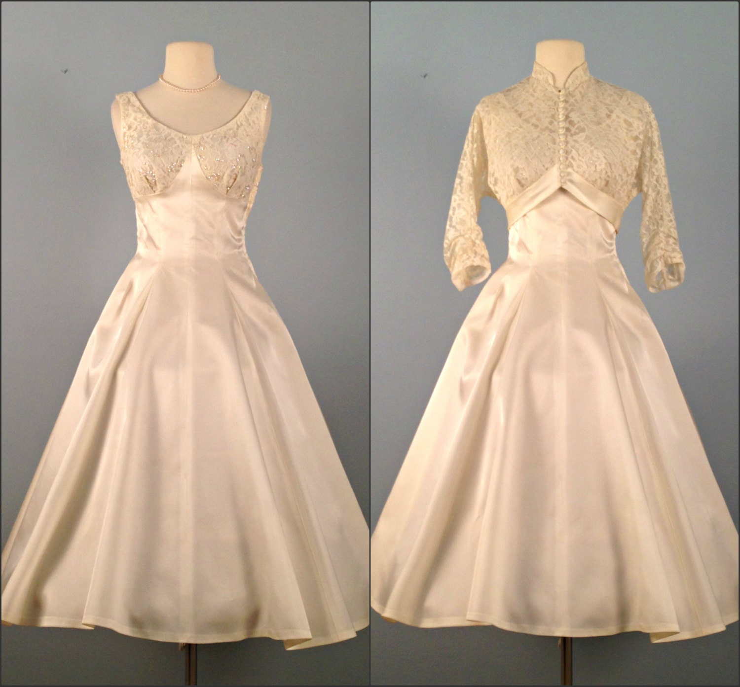 Vintage 1950s Wedding Dress...Lovely Ivory Tea Length FRED PERLBERG Satin and Lace Wedding Dress with Bolero Small