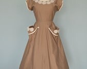 Vintage 1950s Dress...Darling Cafe au Lait  Cotton Day Dress with White Embroidery