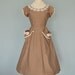 Vintage 1950s Dress...Darling Cafe au Lait  Cotton Day Dress with White Embroidery