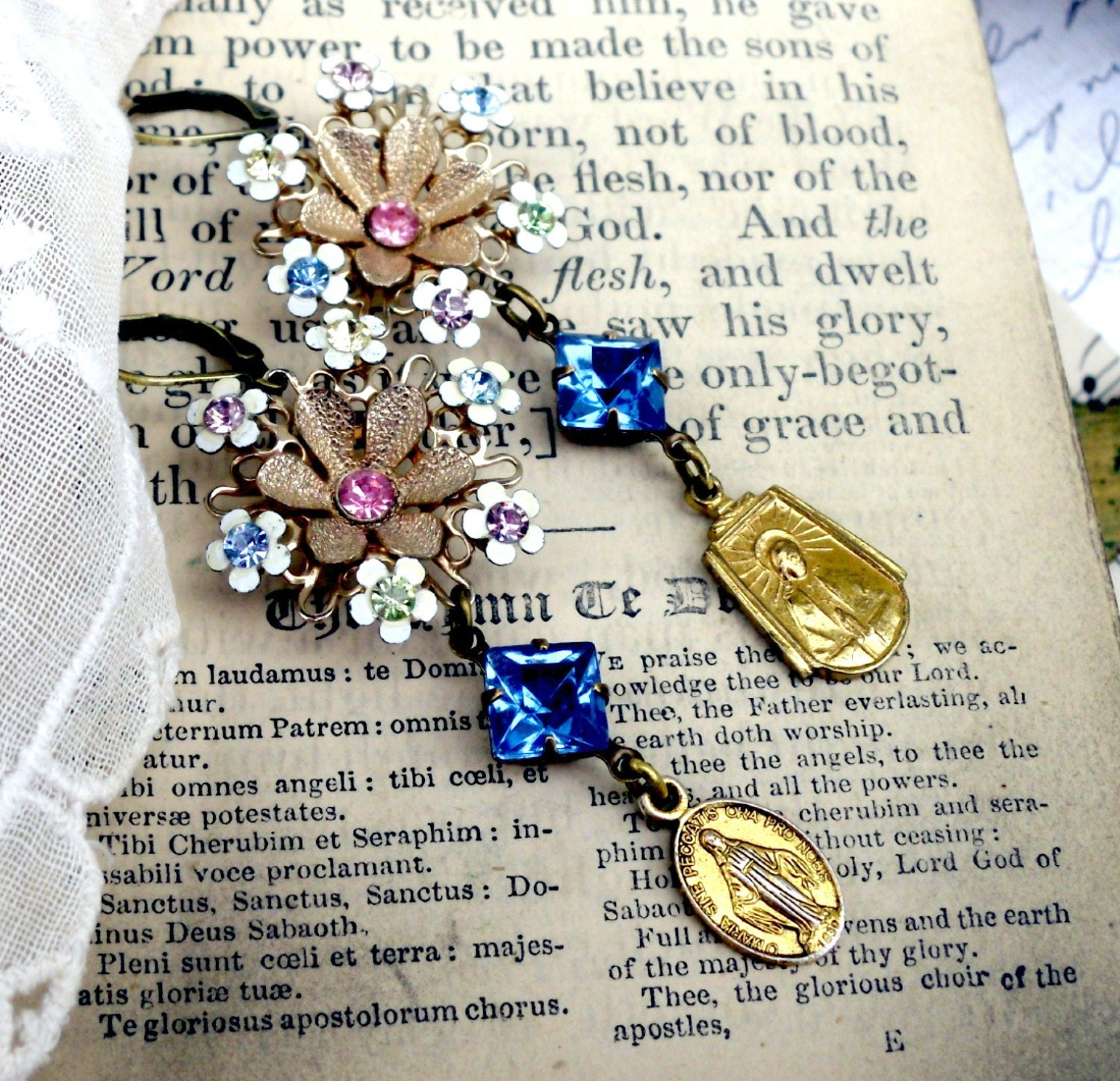 Lilies of the Field, Vintage Enamel Flower and Vintage Rhinestone Assemblage Earrings
