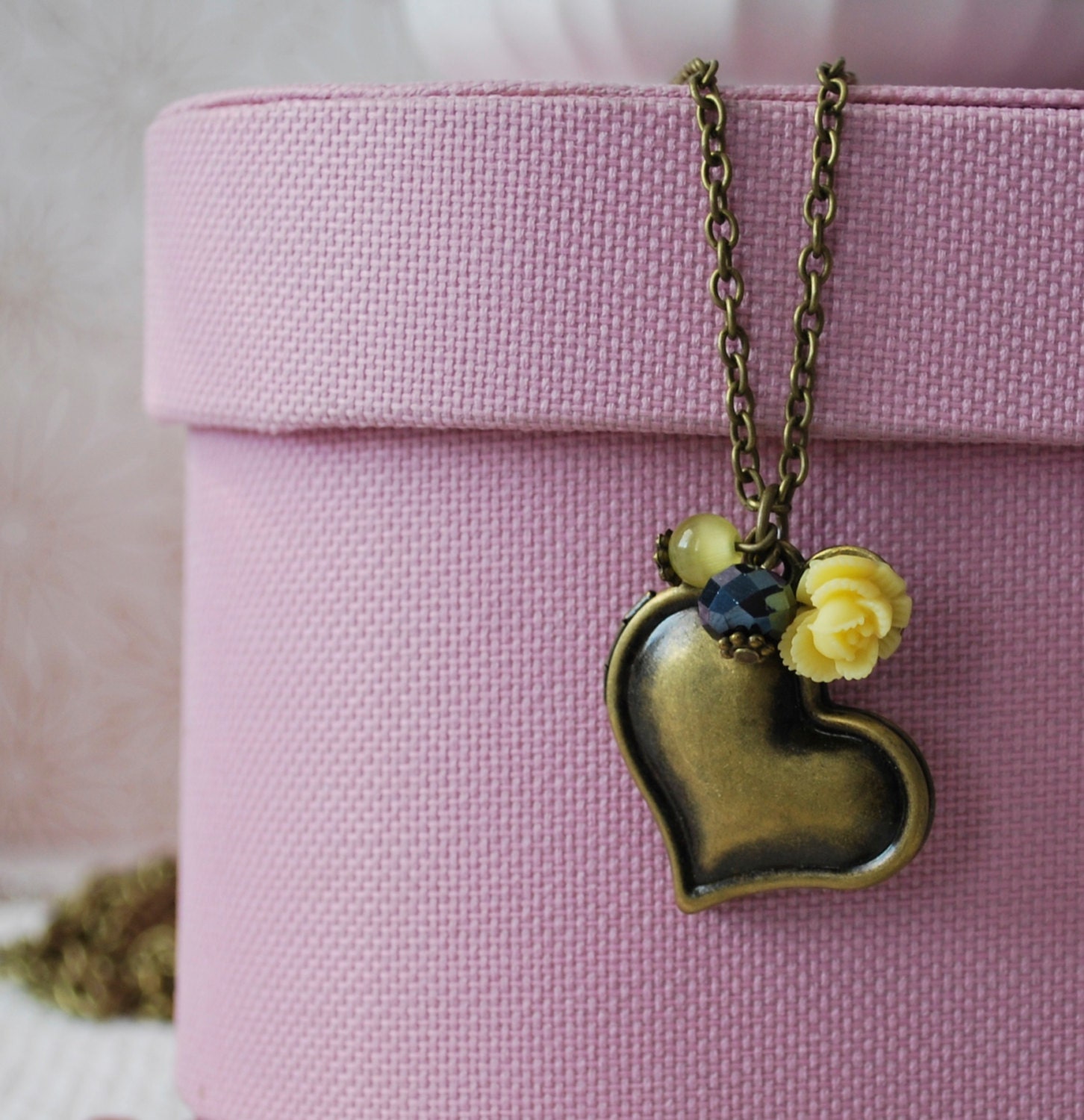 GIFT WITH PURCHASE Heart locket, dual sided, whimsical, antique brass, crystal and glass beads, matte flower cabochon