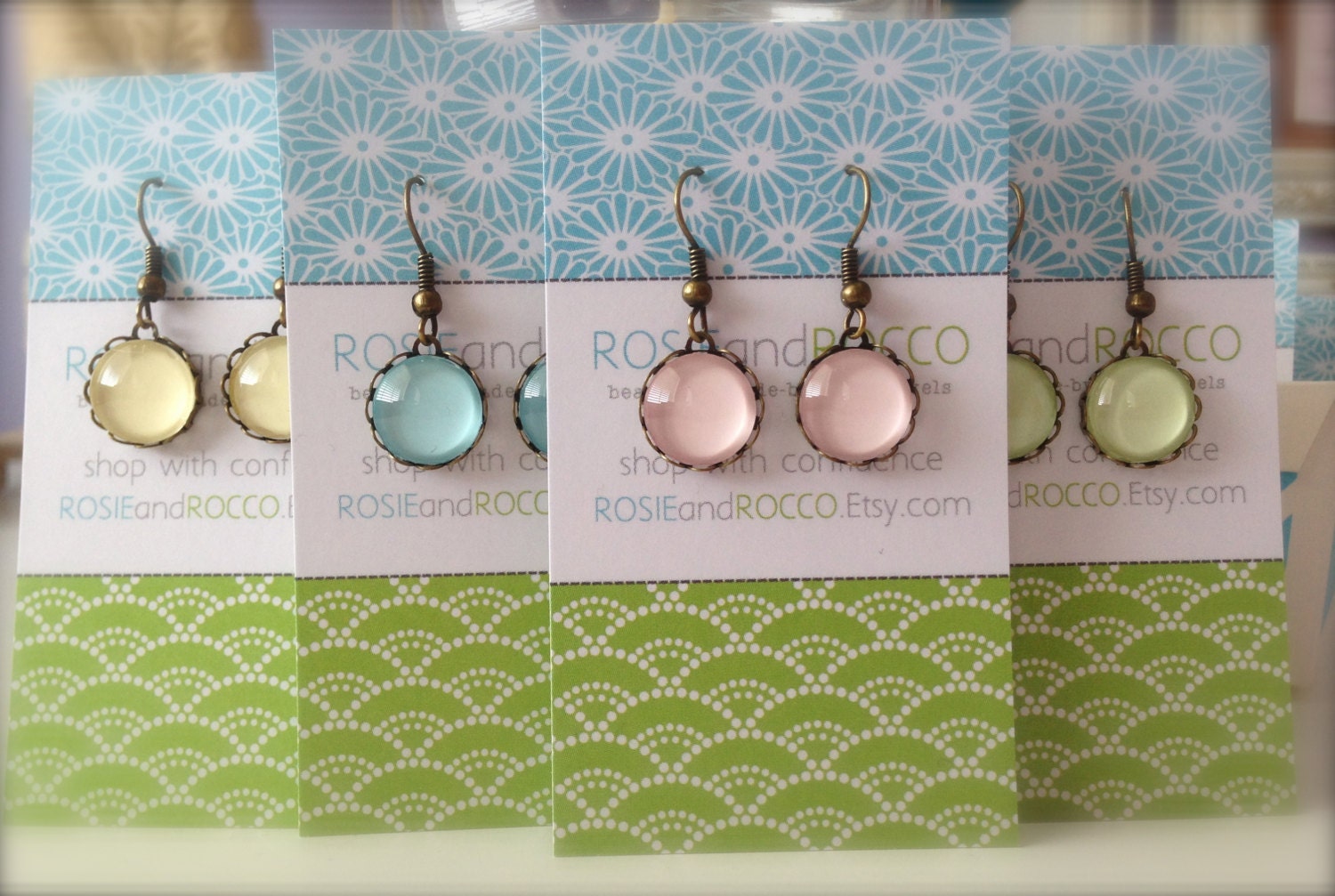 Glass Cabochon Earrings, Pretty Pastel Papers, 12mm scallop base, Antique Brass, Lead and Nickel Free