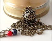 Owl Necklace, Brass Finish, Red Czech Glass Bead, Navy Crystal Bead