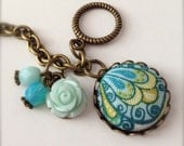 Textile Charm Bracelet, Flower Cabochon, OOAK, Toggle Closure