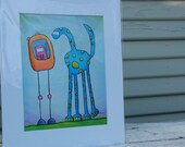 Robot Travels Through Time, Giclee of original painting 8x10in, bright colors