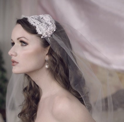 BLISS White Alencon Lace Tulle Fingertip Length Deco Rhinestone Headband Veil