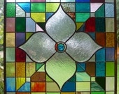 Stained Glass Floral Quilt-like Panel Patchwork Rainbow Window