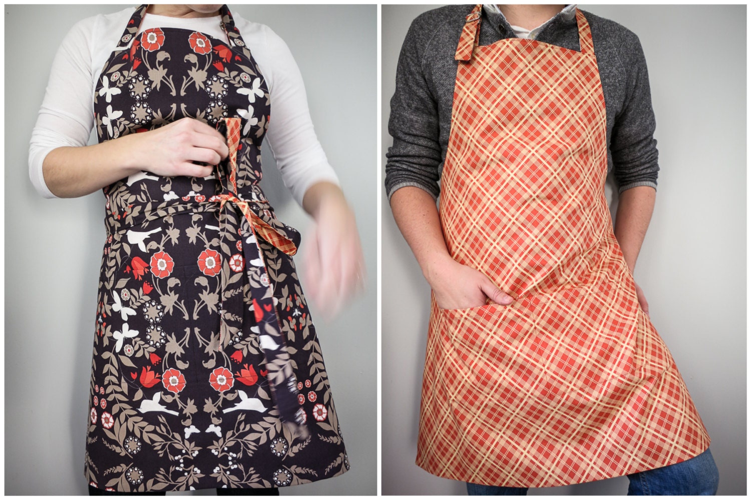 Reversible Apron / dark purple woodland with orange plaid