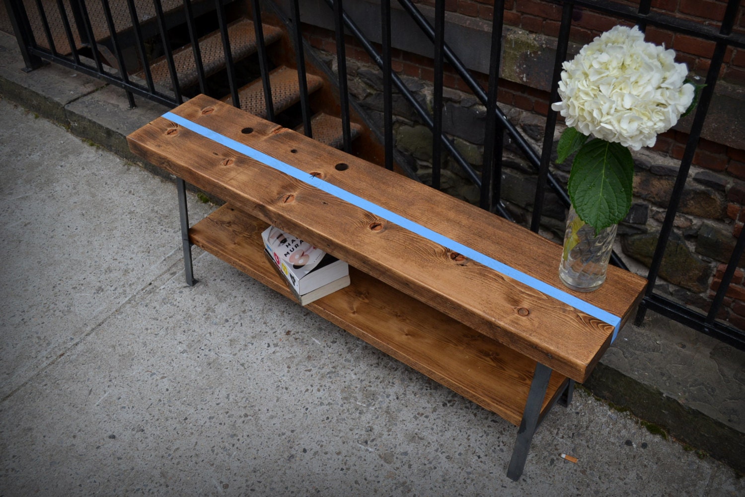 Iron and Wood A-frame Benches -- the Striped Version