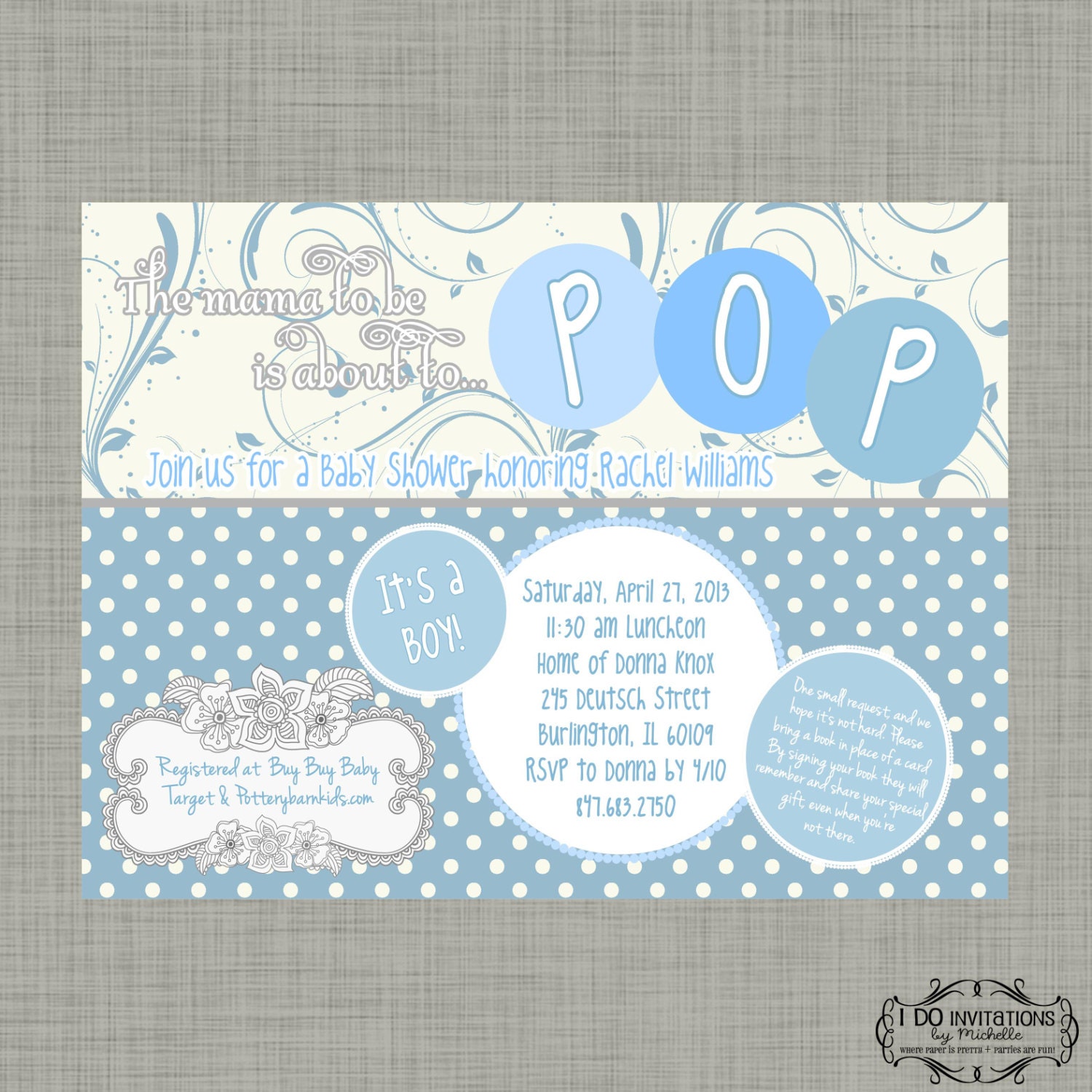 The mama to be is about to POP Baby Shower Invitation - Baby Blue &  White - Digital File