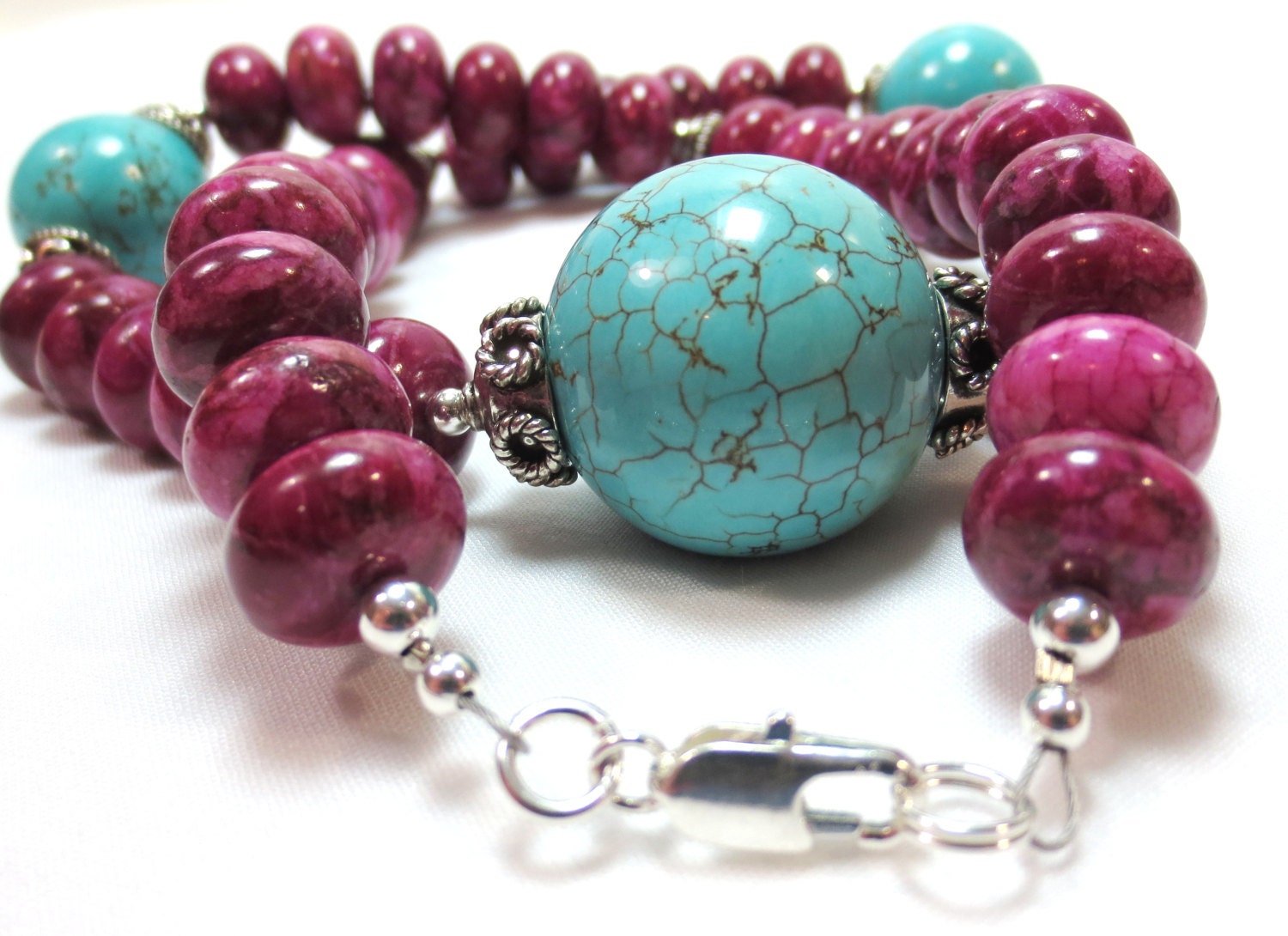 Fuschia Jasper Choker, Turquoise Howlite Necklace, Bali Style Sterling Silver Beads, Dyed Jasper, Turquoise Howlite, Chunky Necklace