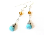 Hippie Earrings, Bohemian Style, Turquoise Dangle, Etched Silver Beaded, Beehive Bead, Sterling Silver Wires, Topaz Swarovski Crystal