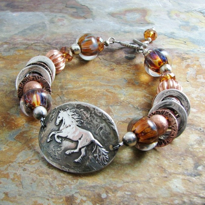 Silver Horse Artisan Jewelry, Fire, Mixed Metal and Gemstone Bracelet, Fine Silver, Sterling, Copper, Gemstone, Boro, Swarovski
