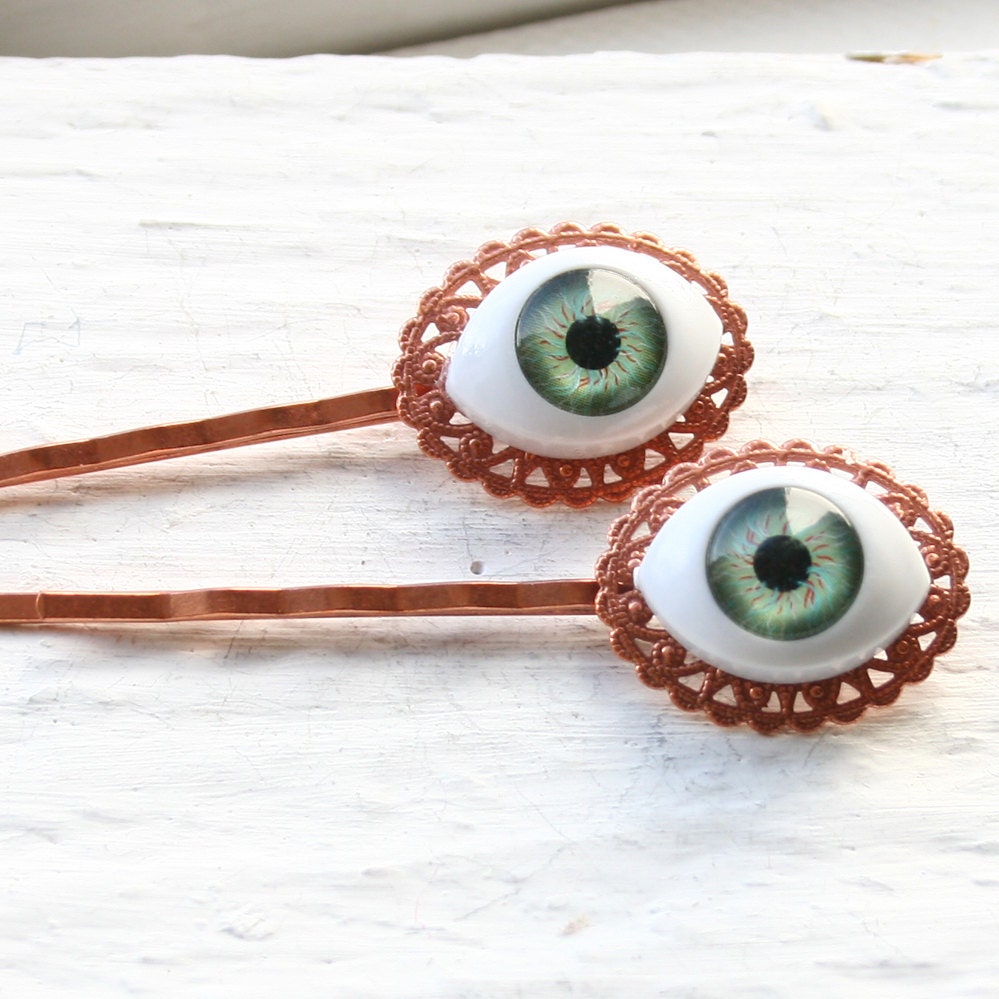 Eyeball Hairpins - Green Eye Copper