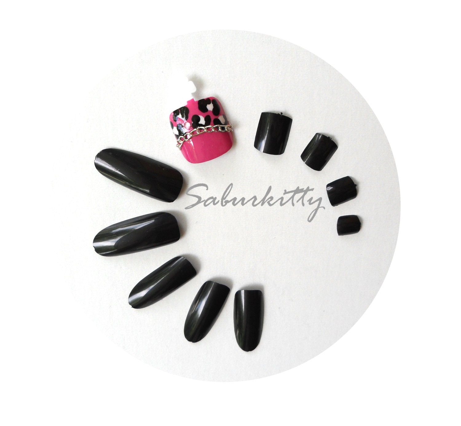 Leopard Pink Nail Art Toenail Tips with Black Oval Almond Full Set (1.8cm size big toe) 3d nail art fake nails acrylic pedicure black chain