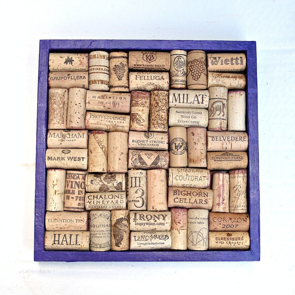 Purple wine cork bulletin board decoupaged in tissue paper