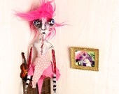 Pink Raspberry  Art Doll. cute weird Circus puppet, big eyes, pink hair, whimsical and strange. crudeart crude art
