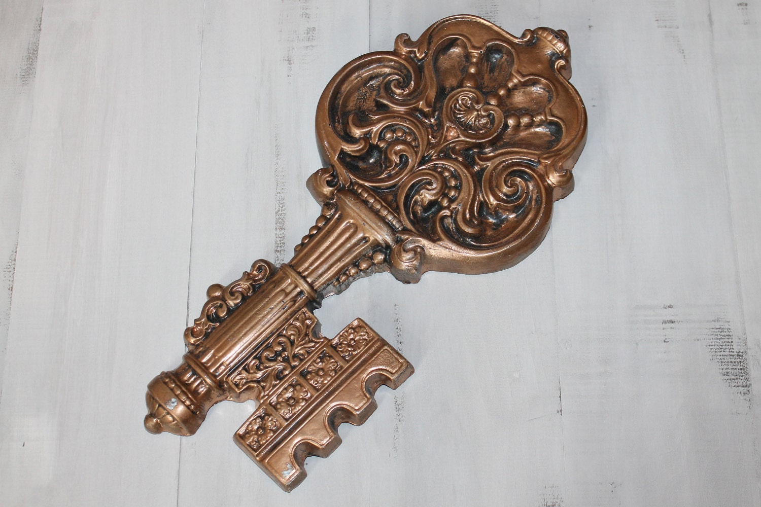Giant Copper colored Key VINTAGE glazed distressed Ornate Fancy intricate KEY home decor
