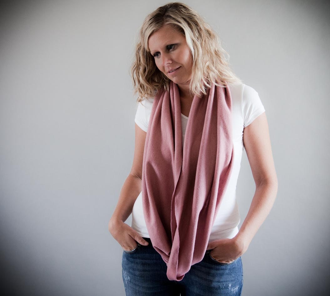 on Sale-Pink Infinity Scarf-Knit Circle Scarf-Snood-Dusty Pink Angora Jersey Eternity Scarf by MoonHalo