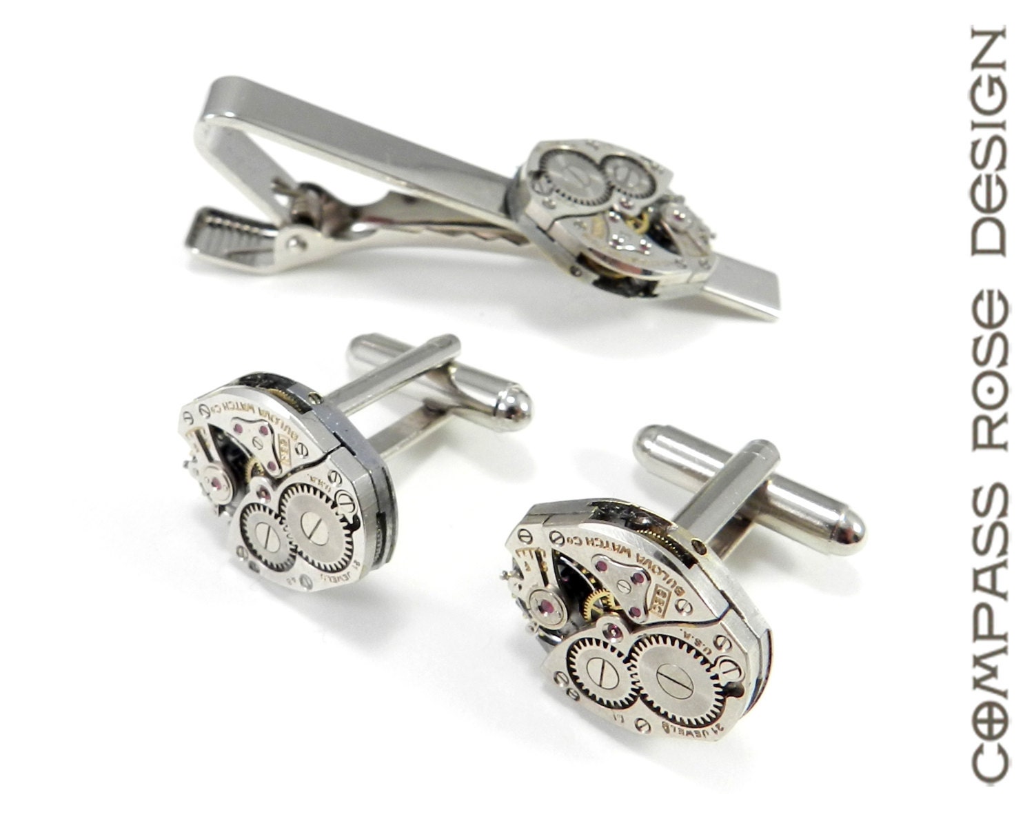 SOLDERED Steampunk Cufflink Tie Clip Set - matching Bulova Mechanical Watch Cuff Links Tie Bar SET