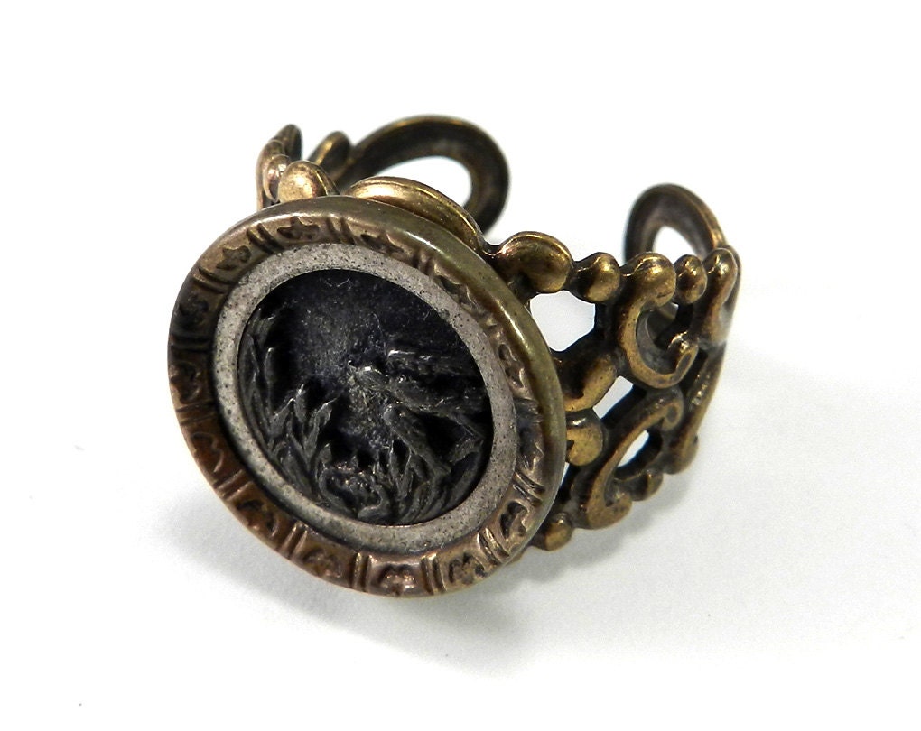 Bohemian Ring - Antique Button Ring - Victorian Button Jewelry - Bird in Flight - Adjustable - 1860-1920 - on brass