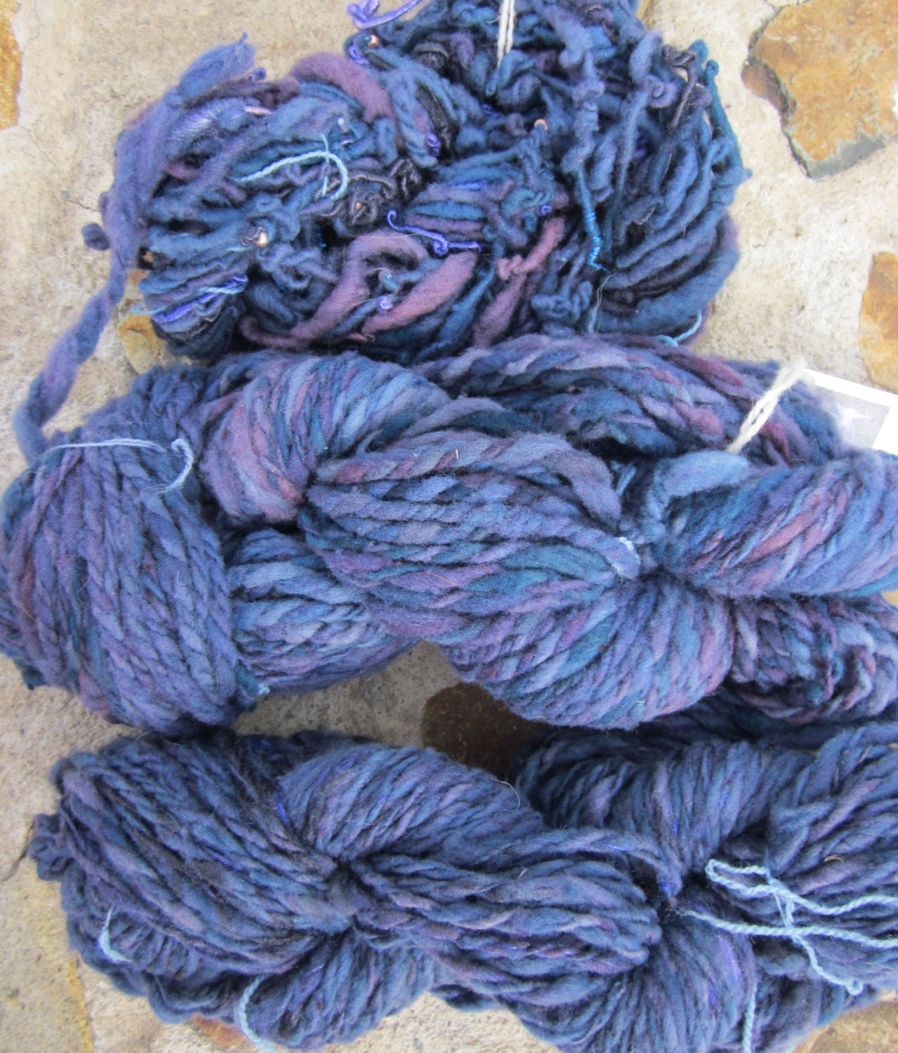 Handspun Denim Purple lot, 3 different styles, Art Yarns Wool and Silk Blends