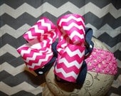 Hot Pink Chevron Navy Hairbow Double Layered Boutique Bow and Interchangeable Headband Newborn Toddler Older Girl