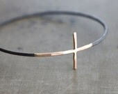 Gold Cross Sideways with Black Sterling Silver Bangle Bracelet