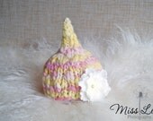 Newborn Baby Knit Hat, Newborn Photography Prop, OOAK Handspun Baby Hat,  Extra Pointy Newborn Pixie Hat, Flower Pixie, Baby Girl Gnome Hat