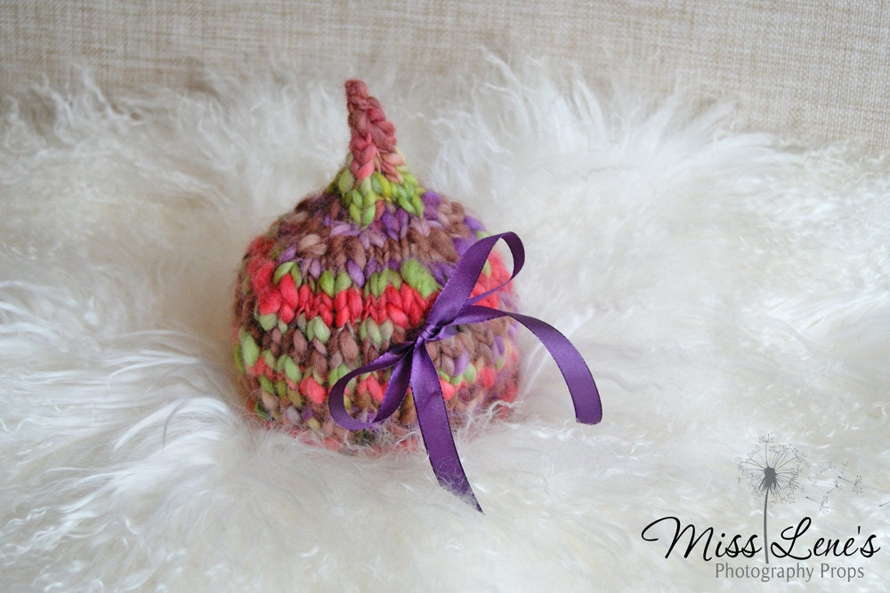 Newborn Baby Knit Hat, Newborn Photography Prop, OOAK Handspun Baby Hat,  Extra Pointy Newborn Pixie Hat, Baby Girl Gnome Hat