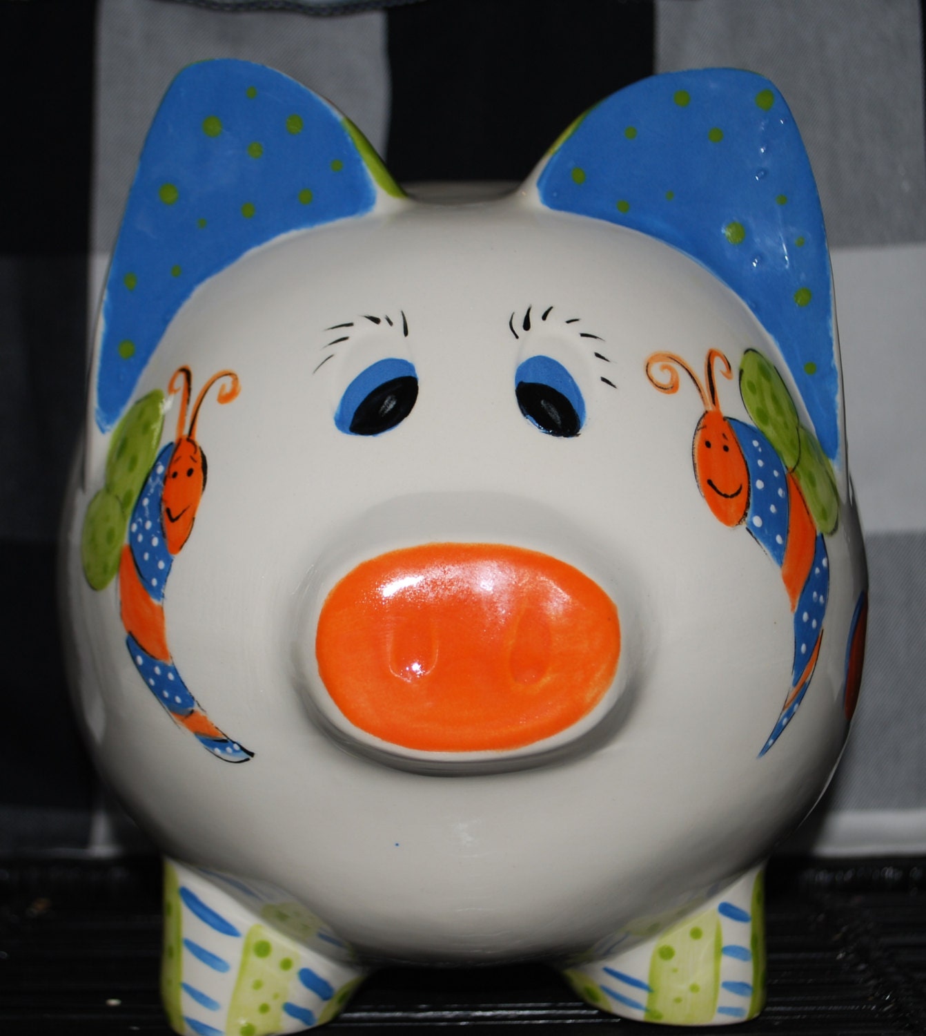 Handpainted personalized piggy bank frog, turtle, snail theme, bright colors