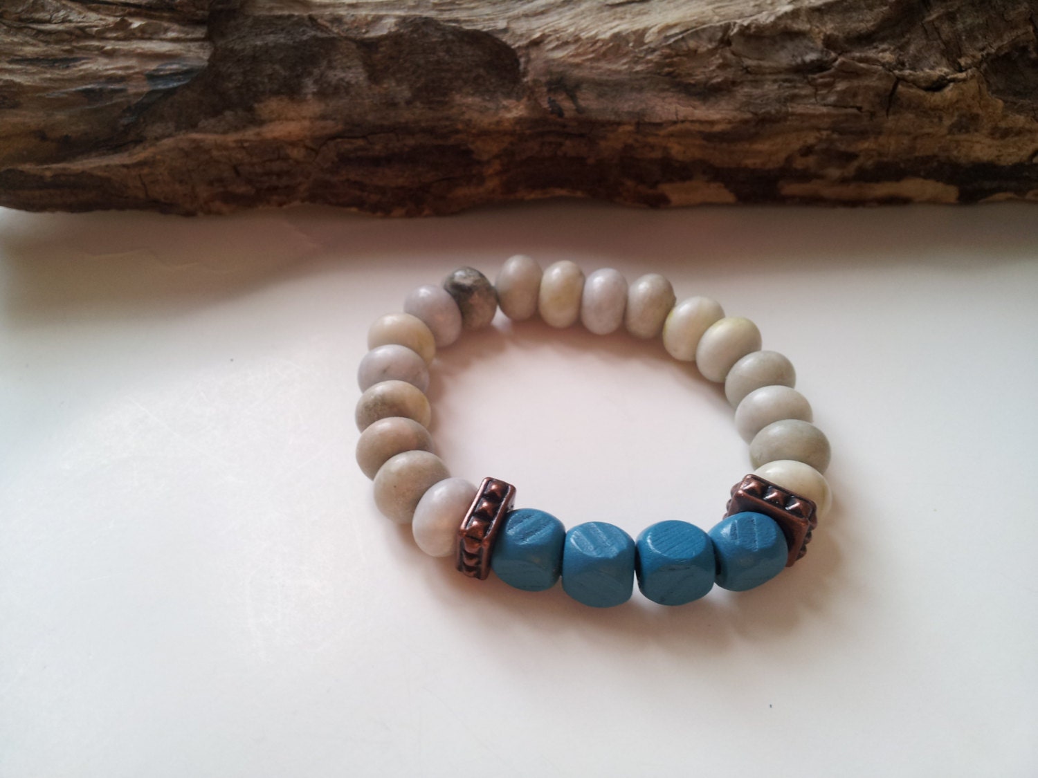Bright blue wood and gemstone friendship bracelet-unisex stretch bracelet
