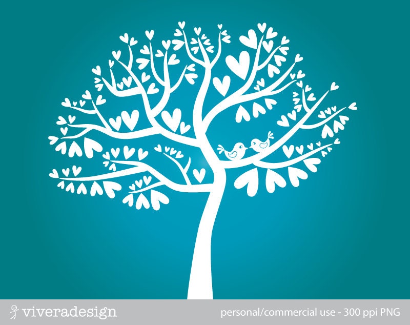Love Birds on the Heart Tree Silhouette in White - Digital Clip Art