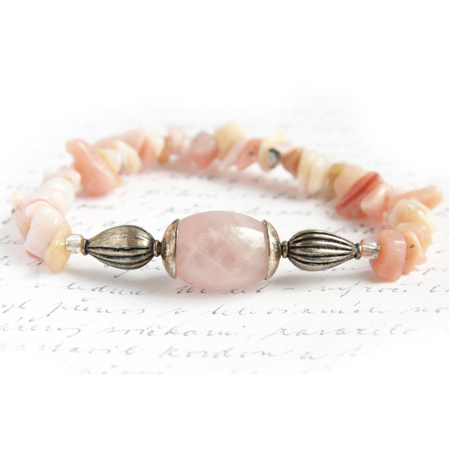 Pink Opal Bracelet, Rose Quartz, Antique Silver, Genuine Gemstones, Natural Stone Bracelet TAGT - KapKaDesign