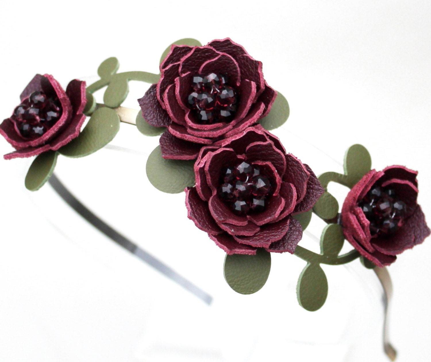 Bridal hair flower headband burgundy headband wedding hairpiece leather headband with crystal beads woodland wedding