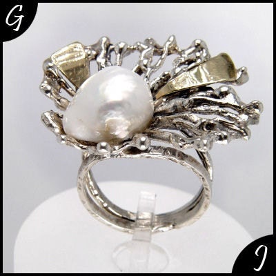 Engagement Pearl Ring, 925 Sterling Silver, 9k Yellow Gold, White Pearl Ring, Silver and Gold, Ring Fantasy "Radiant Rays", Size 10 Custom