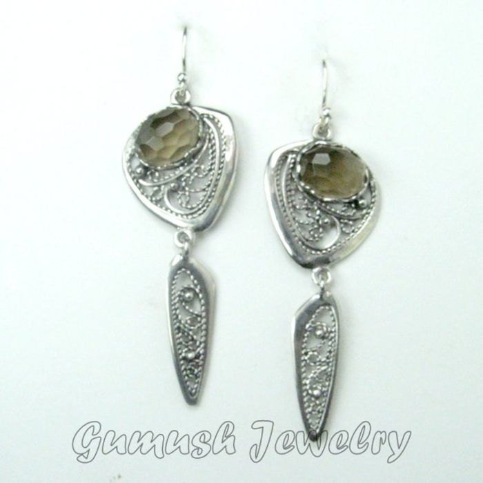 Smoky Quartz Earring, FILIGREE Earring, 925 Sterling Silver Earring, Gumush Jewelry Dangle Earring