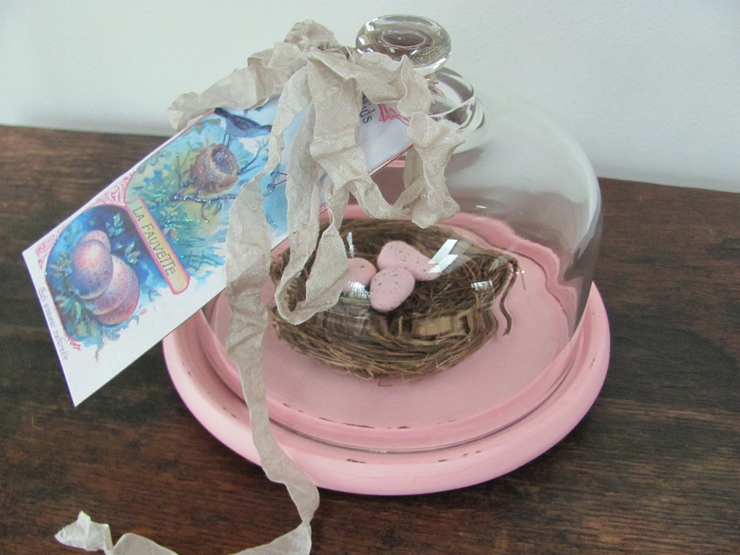 Glass Cloche With Nest and Eggs Pink Cloche With Glittered Bird Tag Cottage Chic Display Dome