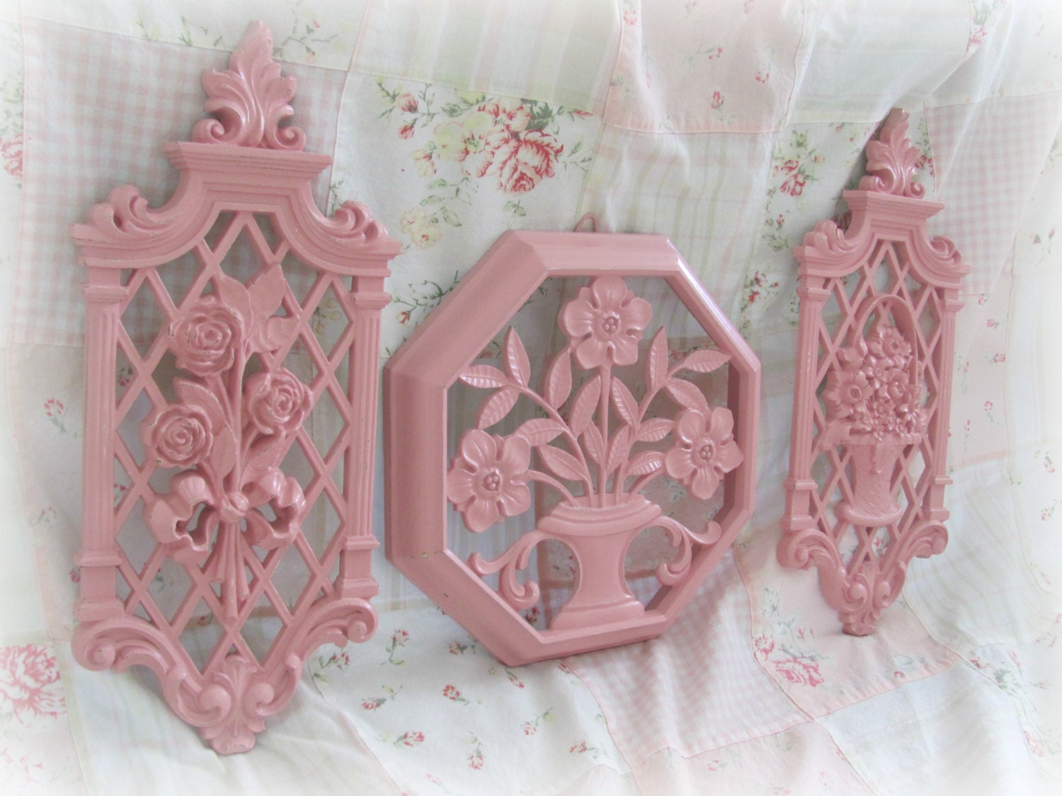 Pink Wall Plaques Vintage Syroco Wall Hangings Girls Room Nursery Wall Decor