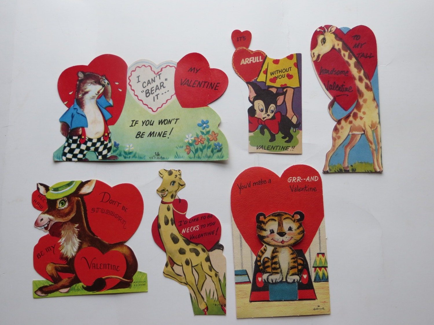 Vintage Childrens Valentine Day Cards Lot-Ephemera-Mixed Media-Paper-Crafts-6pc-Animals