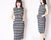 Vintage 50s Audrey Hepburn Black and White Mad Men Wiggle Cocktail Dress / 50s Graphic Dress / JackieO  50s Cotton Dresses / 2193