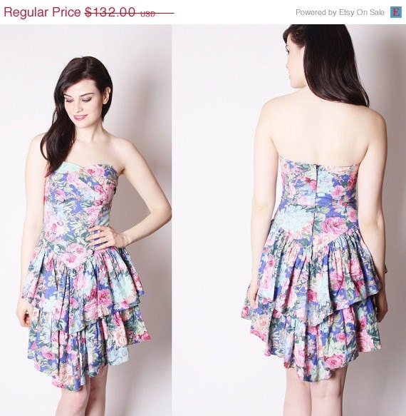 Floral Strapless Pastel Blue and Pink Rose Ruffle Summer Prom Party Dress / 80s Floral Cotton Dress / Vintage Floral Dress / 2010