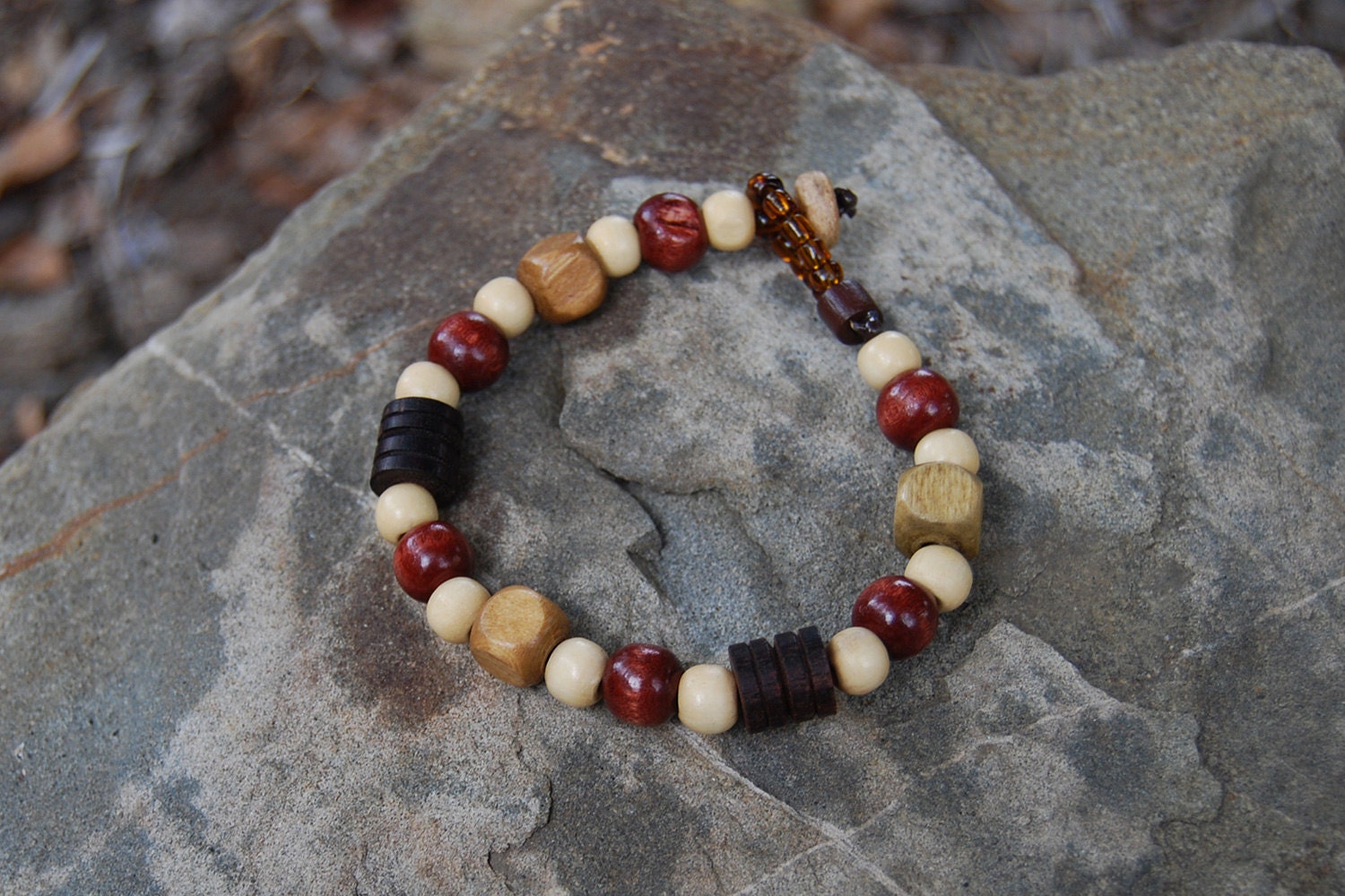 Wooden Lei: 8.25 In. Beaded Bracelet - Wood - Handsome Handcrafted Jewelry Gift Under 15 for Men, Women, Unisex Teens