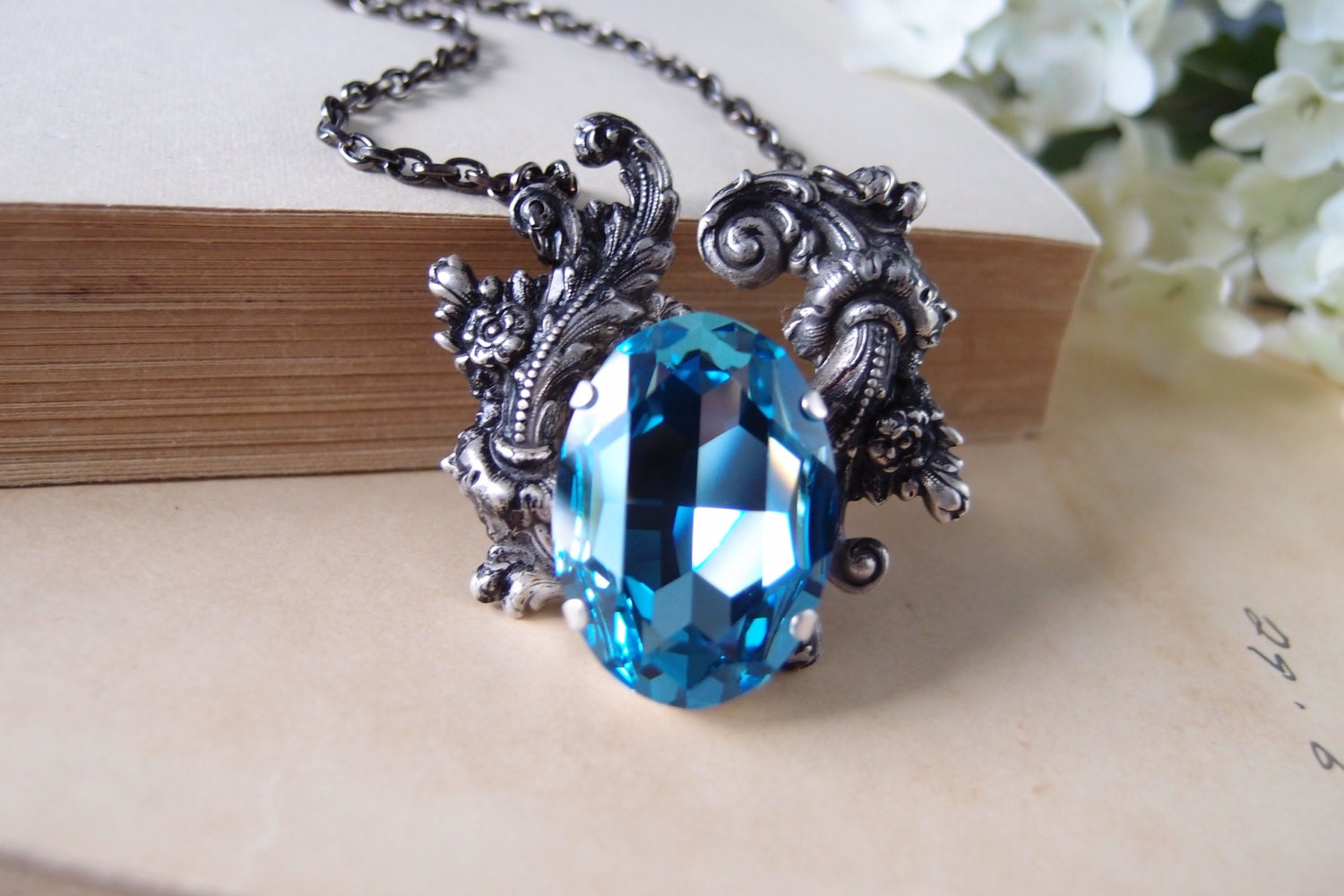 Anath--Swarovski oval X-large aqua blue crystal antique silver brass Victorian necklace