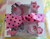 Girly Baby Cakes...Pink and Black Collection...2 Onesies, 1 Bib, 1 Pair Bootie/Socks, 4 Baby Washcloths....Baby Shower..Baby Gift